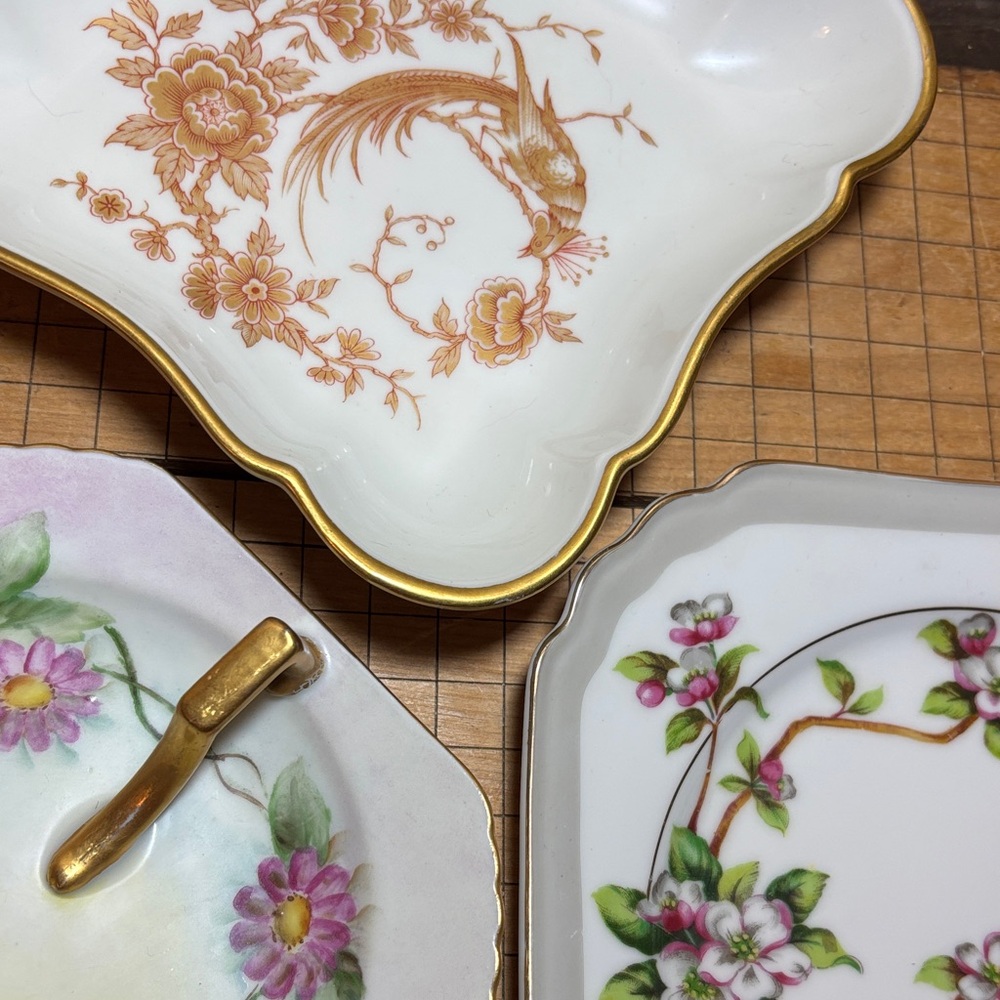 Limoges France Gold Red Fowl Flowers Foliage, Floral Nappy, Square Japan Saucer